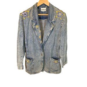 Vintage 80s 90s Kamache Womens Denim Jacket Bedazzled Star Embroidery Sz S